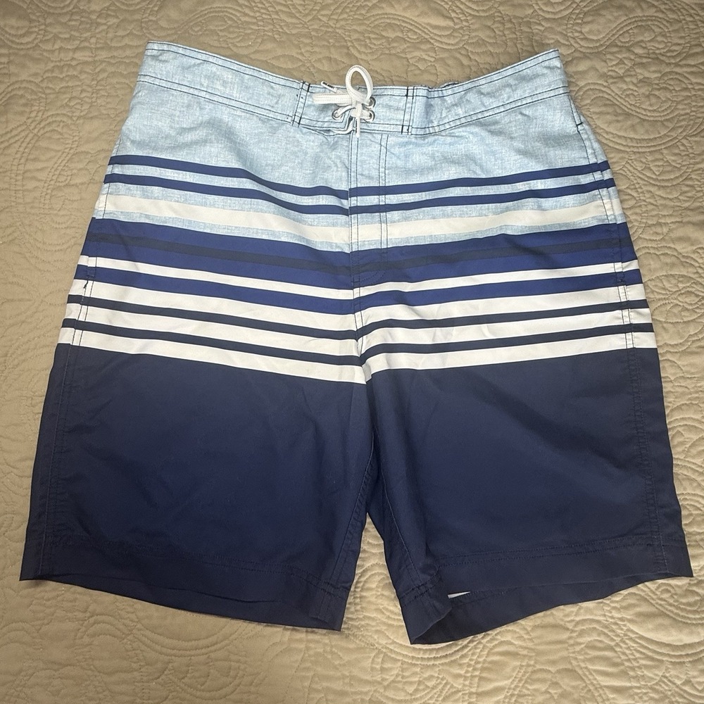Lands'‎ End Men's Swim Trunks L (36-38)  Navy Blue White Striped pockets Lined